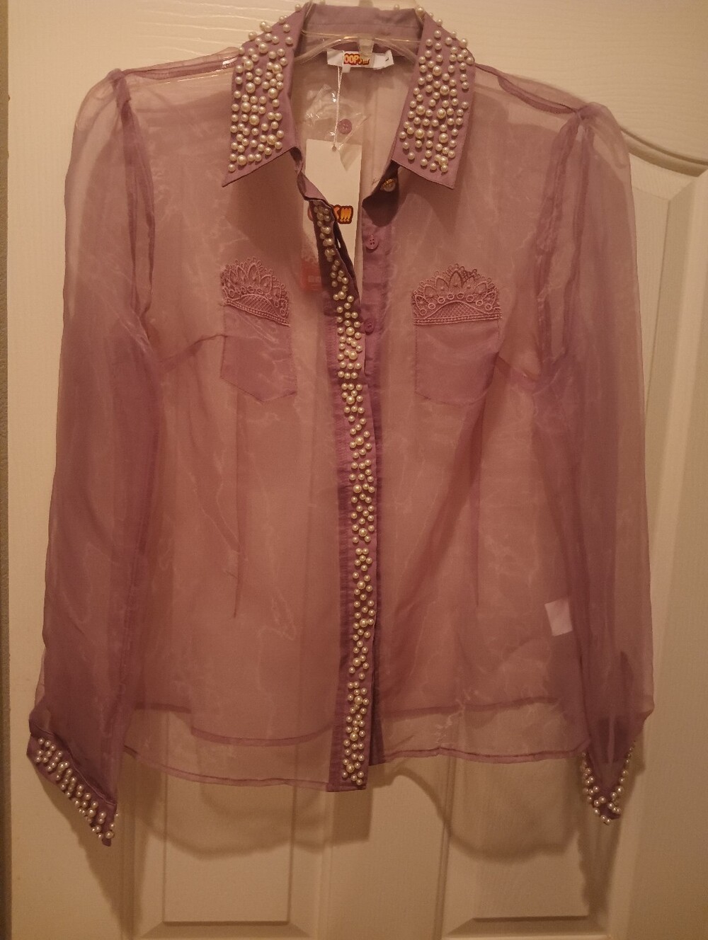 Oops!!! Sheer Lavender Pearl-Trim Button-Up Blouse